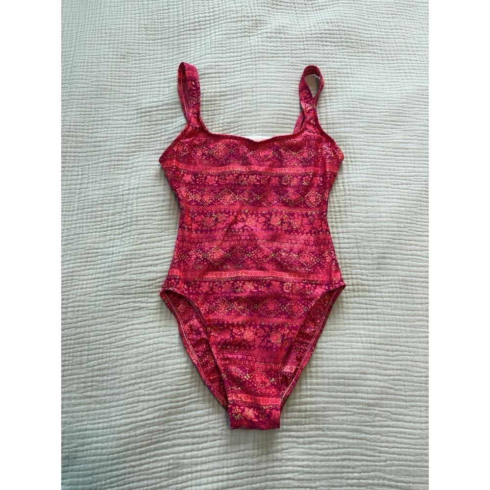 Vintage 90s Jantzen One Piece Swimsuit Pink Red Womens Size 8 Made in USA Boho